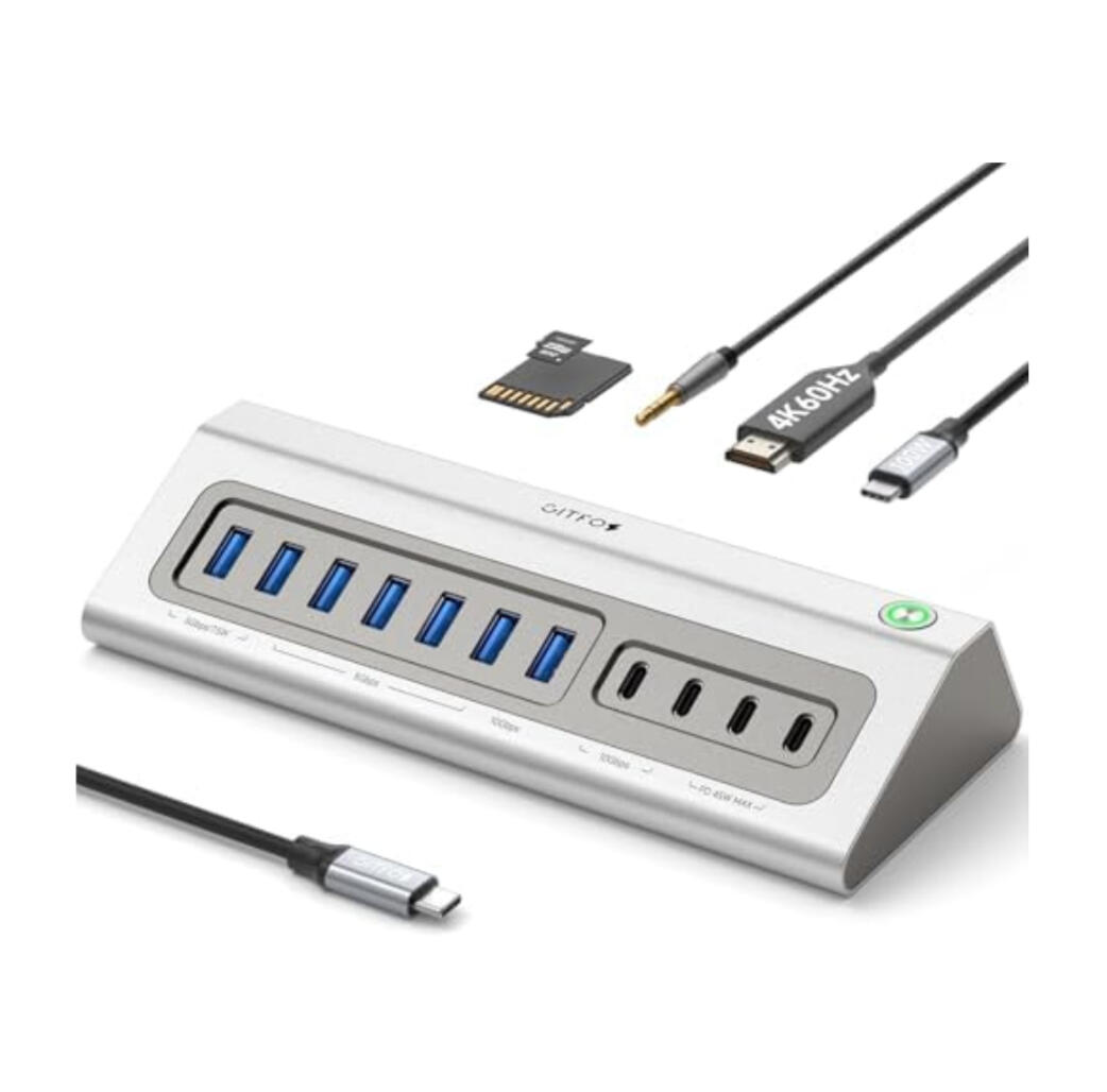 Giftos USB Hub, 18 in 1 USB 3.2 Hub with 4K HDMI,PD 100W,45W Charge,10Gbps USB,SD/TF,Audio, 65W Adapter,3.3FT Cable,Aluminum,Sma
