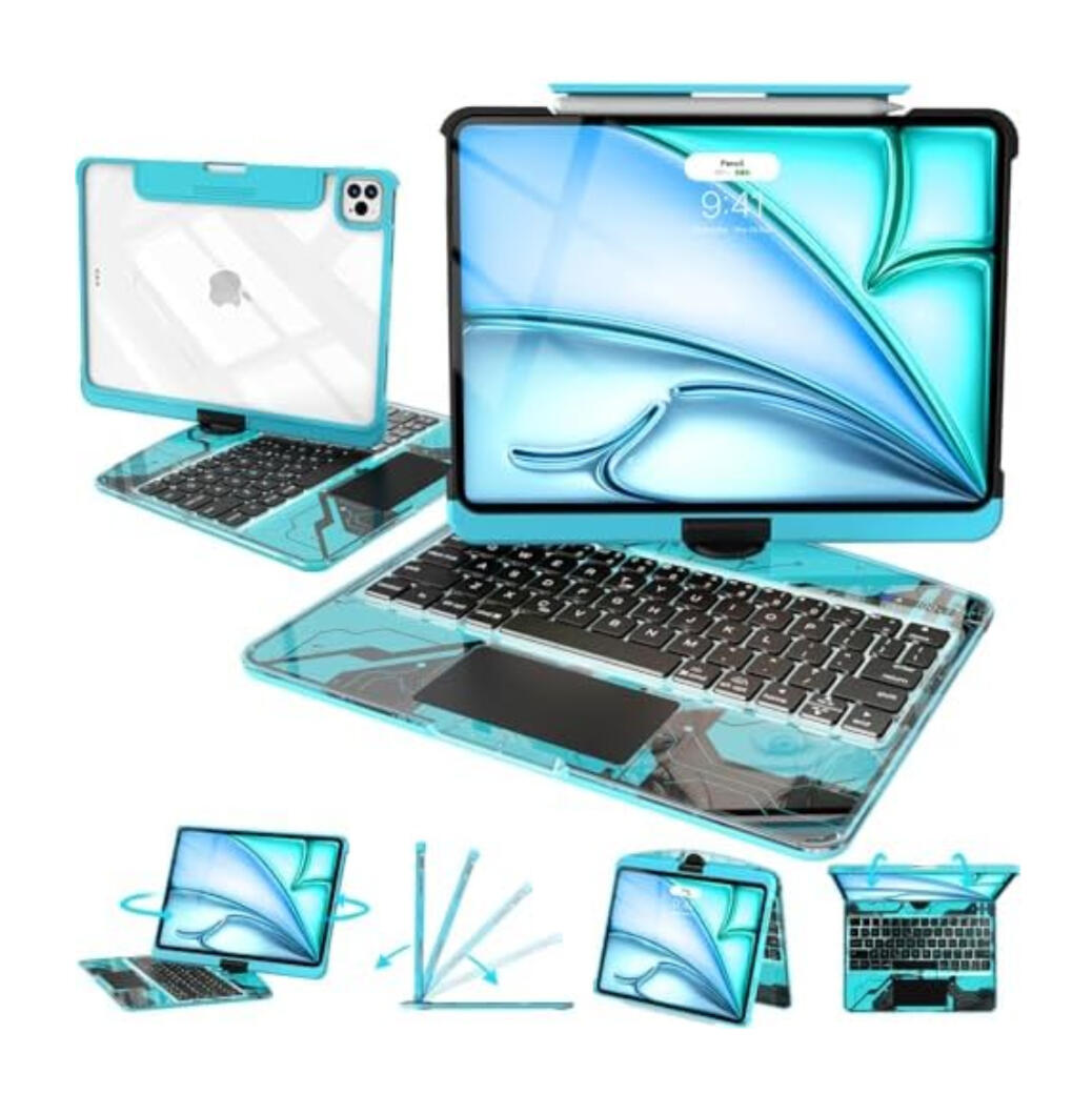 Intermerge Transparent Case with Keyboard for iPad Air 11"(M4/ M3/ M2, 2026/2025/ 2024), Air 5th/4th, Pro 11" 2022-2018, 360° Swivel Multi-Touch Trackpad, 7-Color Backlit, Pencil Holder, Aqua Pulse